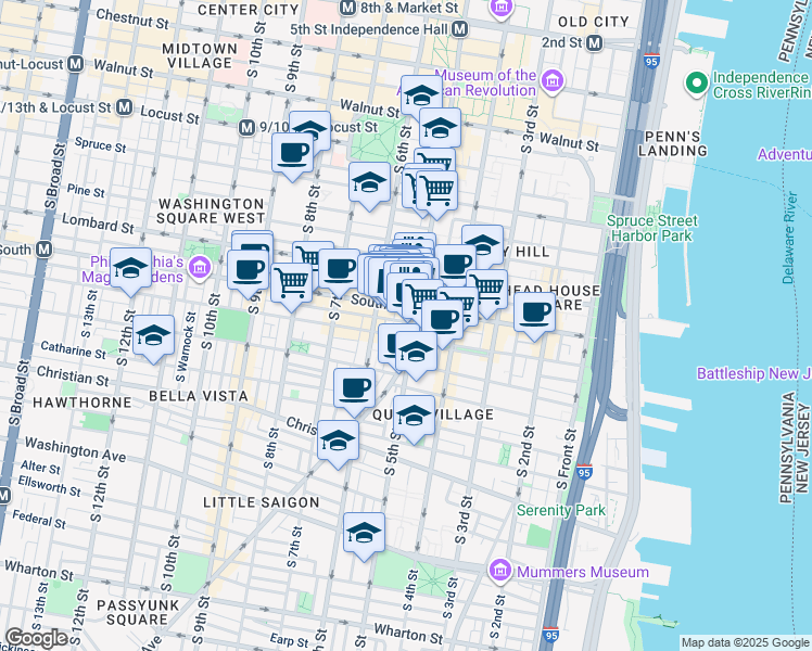 map of restaurants, bars, coffee shops, grocery stores, and more near 502 Kater Street in Philadelphia