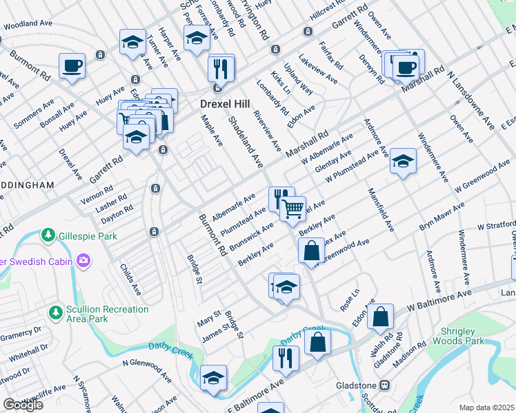 map of restaurants, bars, coffee shops, grocery stores, and more near 3227 Plumstead Avenue in Drexel Hill
