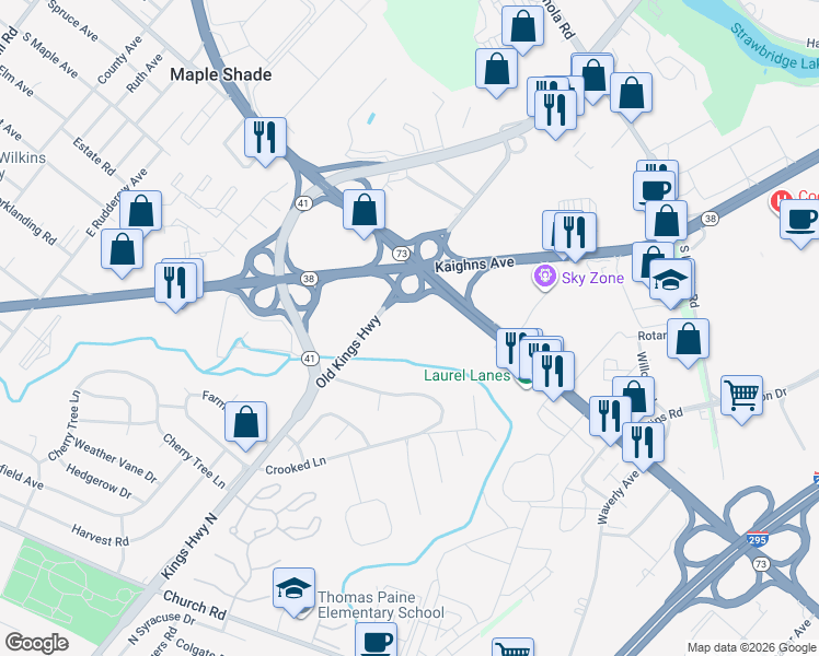 map of restaurants, bars, coffee shops, grocery stores, and more near 1330 Old Kings Highway in Maple Shade
