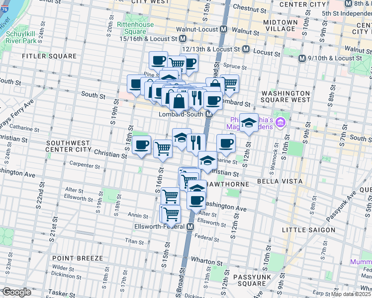 map of restaurants, bars, coffee shops, grocery stores, and more near 1510 Fitzwater Street in Philadelphia