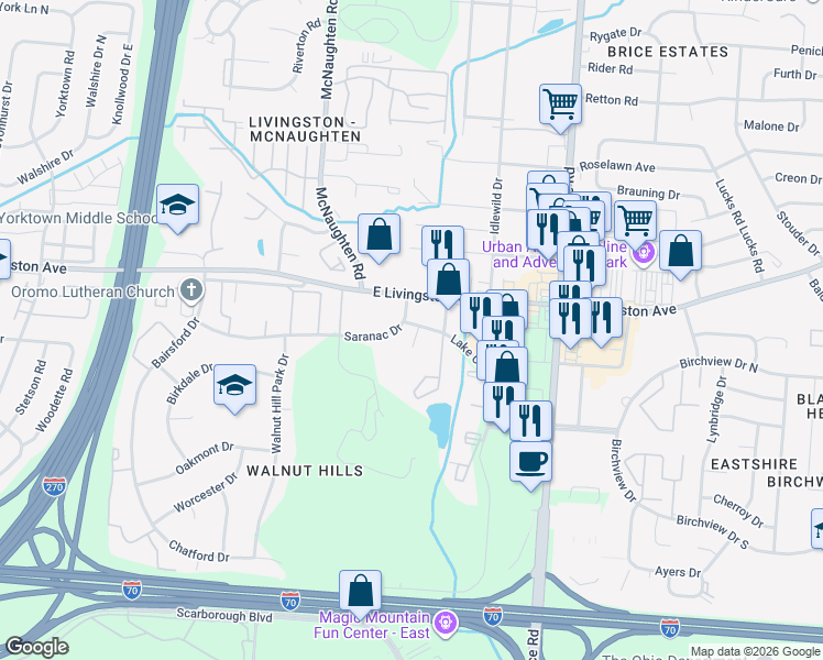 map of restaurants, bars, coffee shops, grocery stores, and more near 5960 Saranac Drive in Columbus