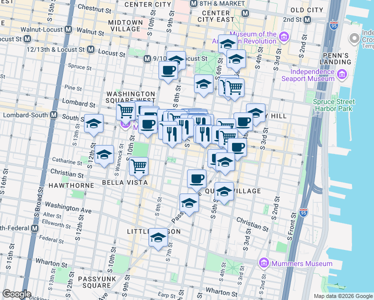 map of restaurants, bars, coffee shops, grocery stores, and more near S 7th St & Bainbridge St in Philadelphia