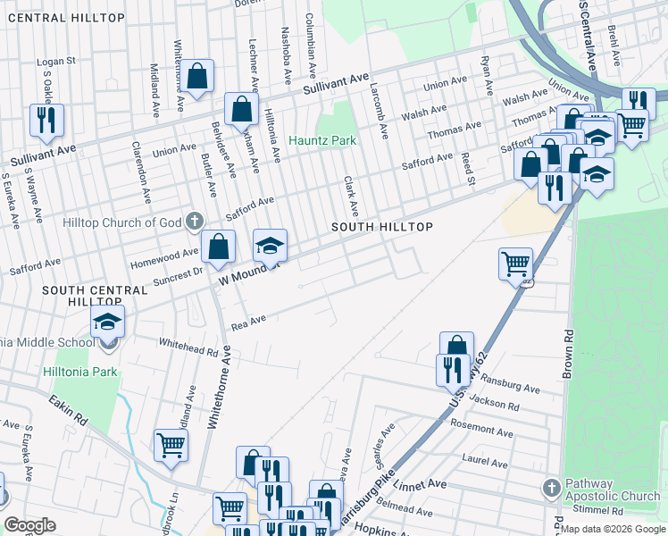 map of restaurants, bars, coffee shops, grocery stores, and more near 1933 West Mound Street in Columbus