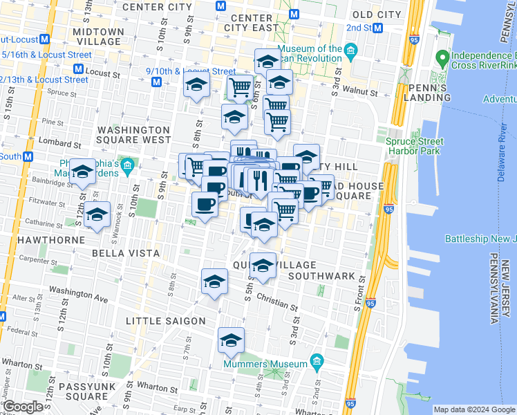 map of restaurants, bars, coffee shops, grocery stores, and more near 502 Kater Street in Philadelphia