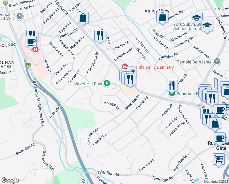 map of restaurants, bars, coffee shops, grocery stores, and more near 383 Randolph Drive in York