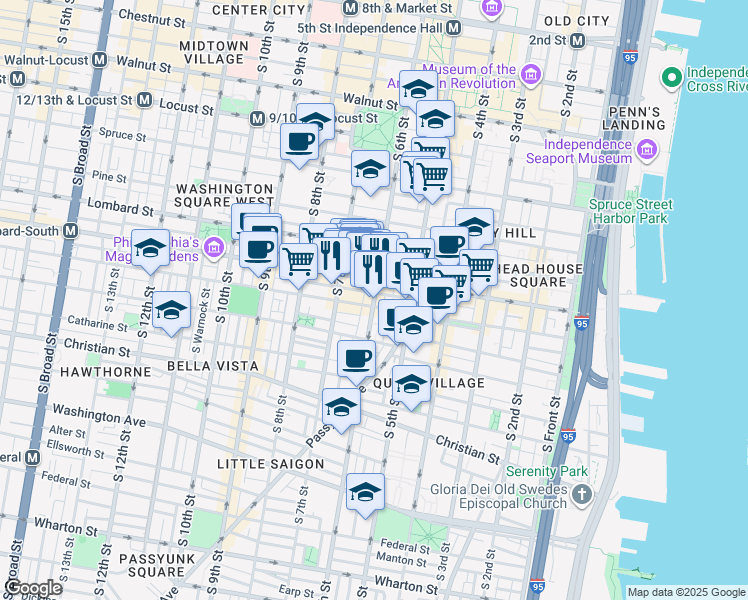 map of restaurants, bars, coffee shops, grocery stores, and more near 622 South Street in Philadelphia