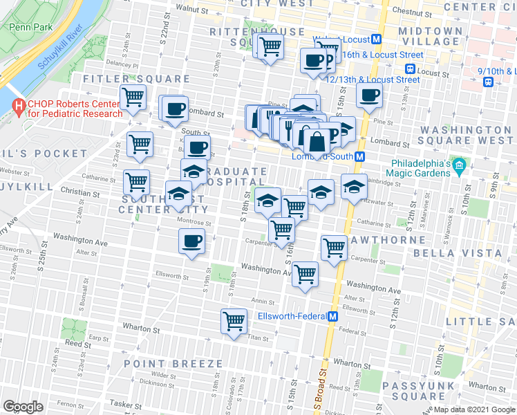 map of restaurants, bars, coffee shops, grocery stores, and more near 1722 Catharine Street in Philadelphia