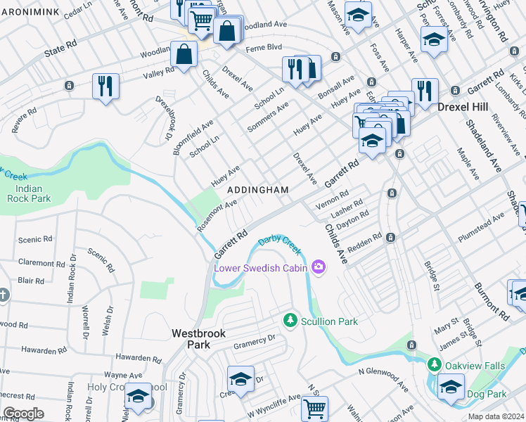 map of restaurants, bars, coffee shops, grocery stores, and more near 4223 Garrett Road in Drexel Hill