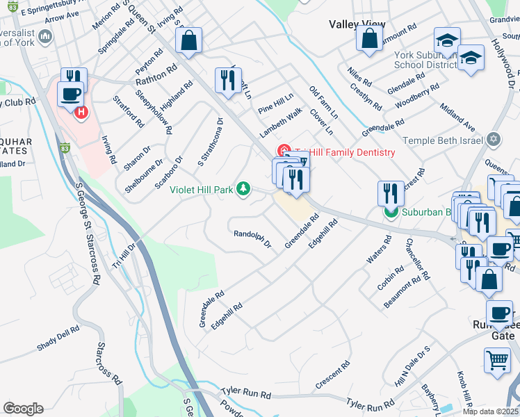 map of restaurants, bars, coffee shops, grocery stores, and more near 383 Randolph Drive in York