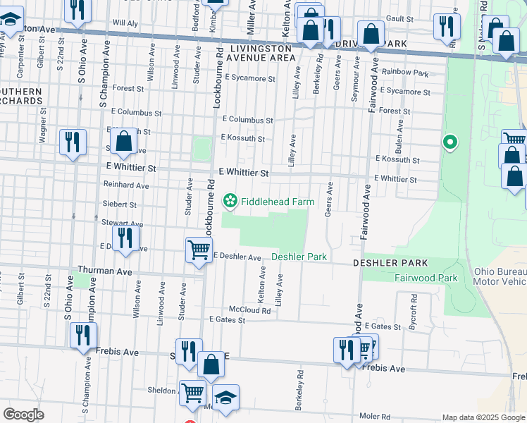 map of restaurants, bars, coffee shops, grocery stores, and more near 1191 Kelton Avenue in Columbus