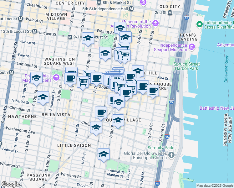 map of restaurants, bars, coffee shops, grocery stores, and more near 616 South 5th Street in Philadelphia