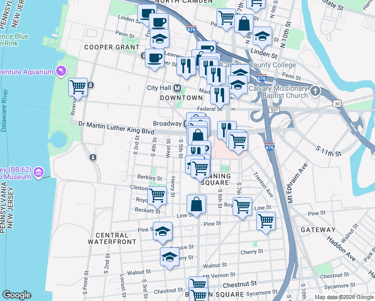 map of restaurants, bars, coffee shops, grocery stores, and more near 523 Stevens Street in Camden