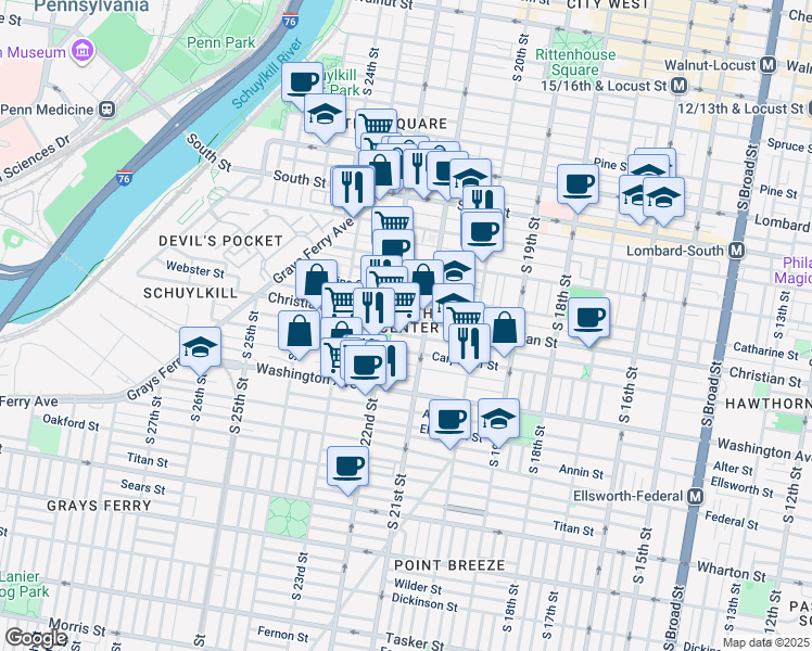 map of restaurants, bars, coffee shops, grocery stores, and more near 2124 Christian Street in Philadelphia