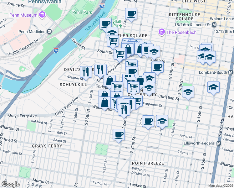 map of restaurants, bars, coffee shops, grocery stores, and more near S 23rd St & Montrose St in Philadelphia