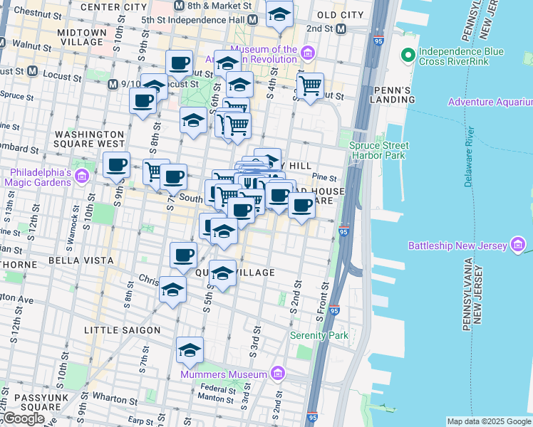 map of restaurants, bars, coffee shops, grocery stores, and more near 320 South Street in Philadelphia