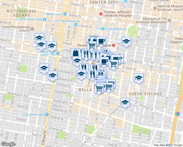 map of restaurants, bars, coffee shops, grocery stores, and more near 723 South Warnock Street in Philadelphia
