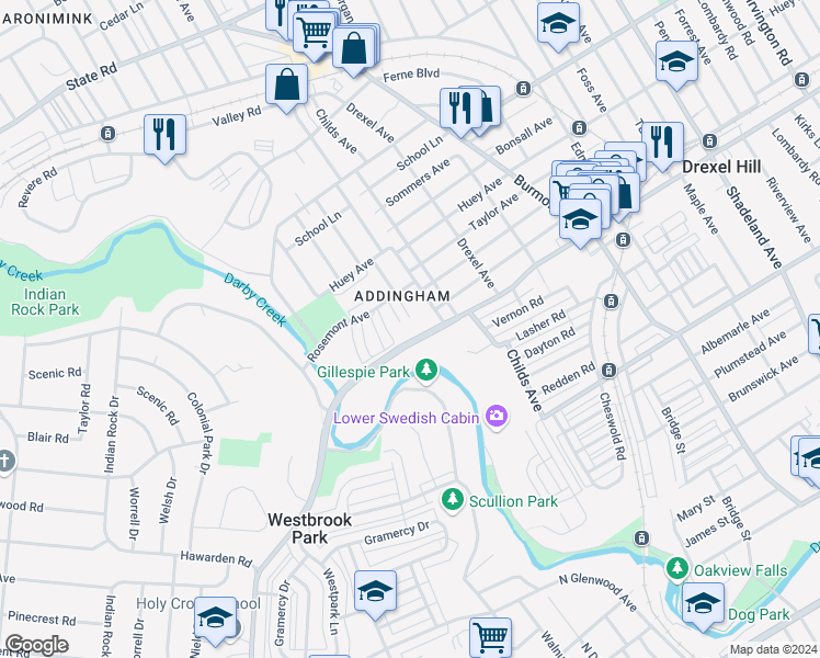 map of restaurants, bars, coffee shops, grocery stores, and more near 4223 Garrett Road in Drexel Hill