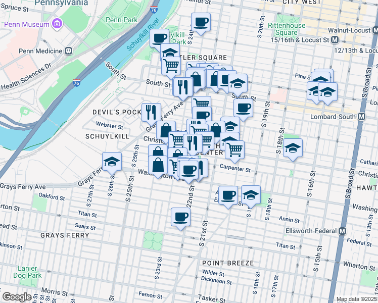 map of restaurants, bars, coffee shops, grocery stores, and more near 2225 Montrose Street in Philadelphia