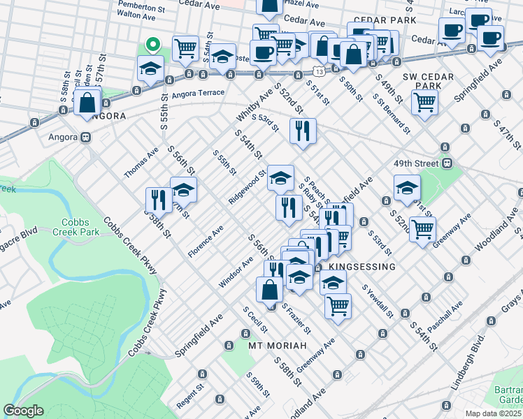 map of restaurants, bars, coffee shops, grocery stores, and more near 5504 Beaumont Avenue in Philadelphia