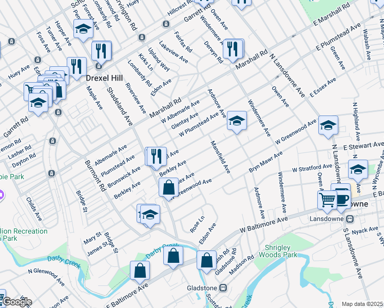 map of restaurants, bars, coffee shops, grocery stores, and more near 209 Berkley Avenue in Lansdowne