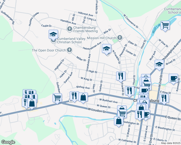 map of restaurants, bars, coffee shops, grocery stores, and more near 554 High Street in Chambersburg