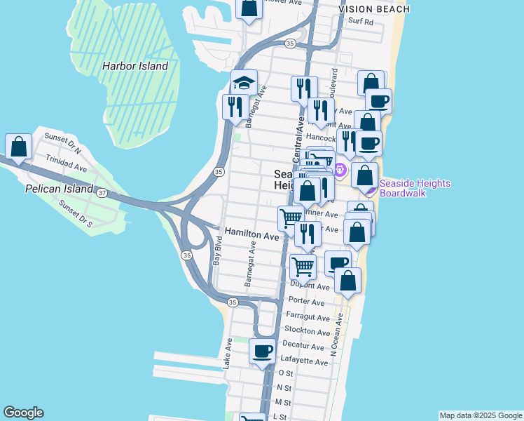 map of restaurants, bars, coffee shops, grocery stores, and more near 306 Sumner Avenue in Seaside Heights