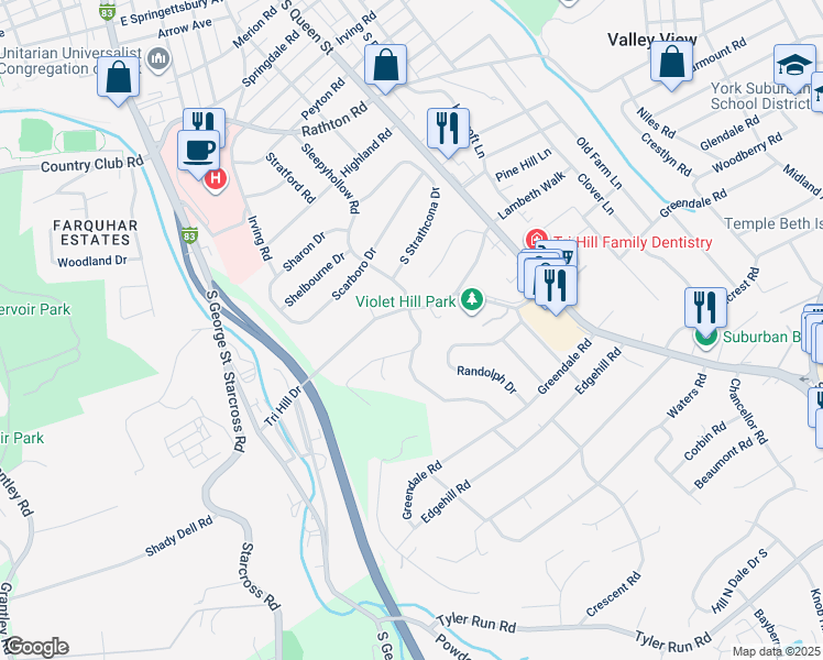 map of restaurants, bars, coffee shops, grocery stores, and more near 1616 Sleepyhollow Road in York