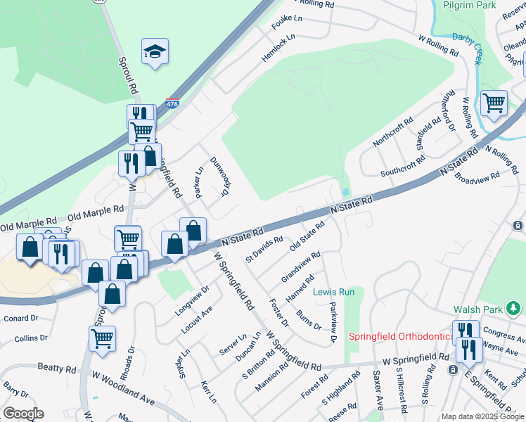 map of restaurants, bars, coffee shops, grocery stores, and more near 121 South Rolling Road in Springfield