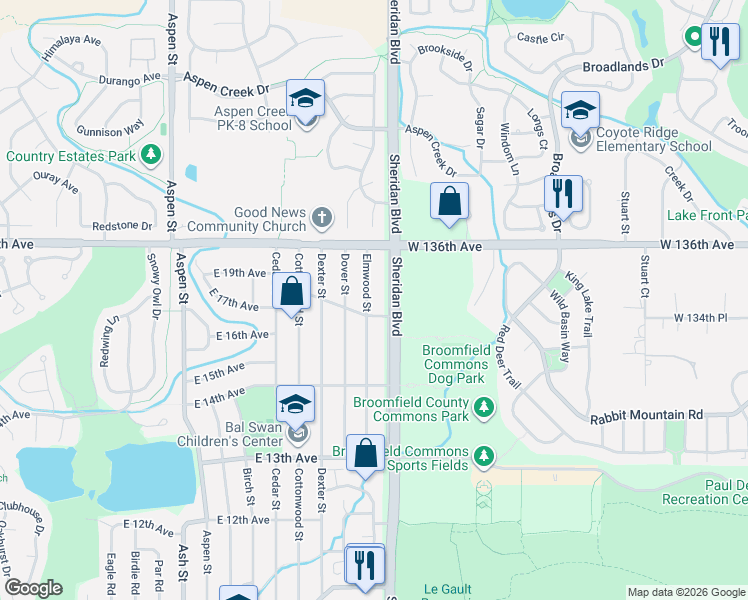 map of restaurants, bars, coffee shops, grocery stores, and more near 1900 Elmwood Street in Broomfield