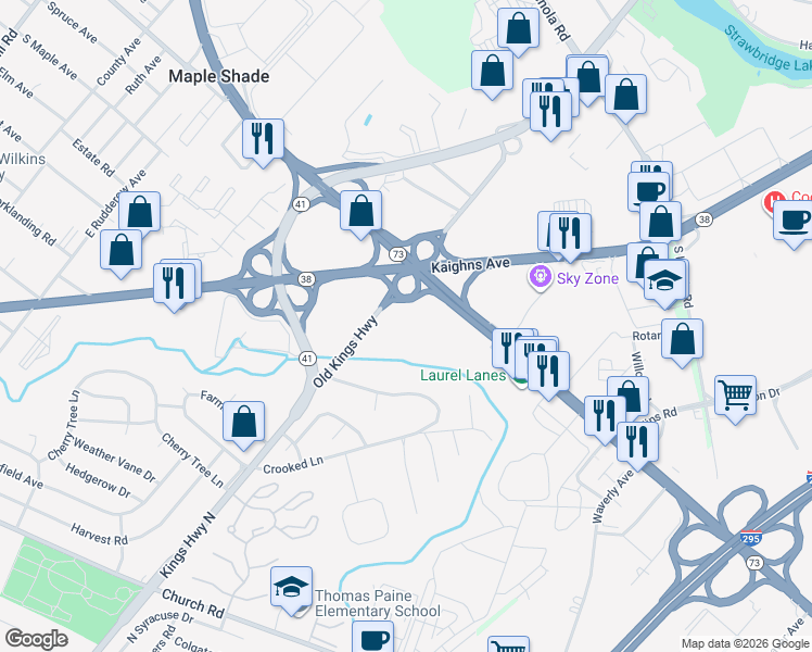map of restaurants, bars, coffee shops, grocery stores, and more near 1330 Old Kings Highway in Maple Shade