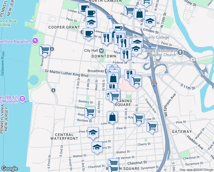 map of restaurants, bars, coffee shops, grocery stores, and more near 523 Stevens Street in Camden