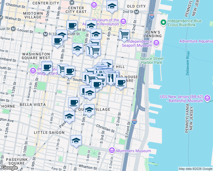 map of restaurants, bars, coffee shops, grocery stores, and more near 320 South Street in Philadelphia