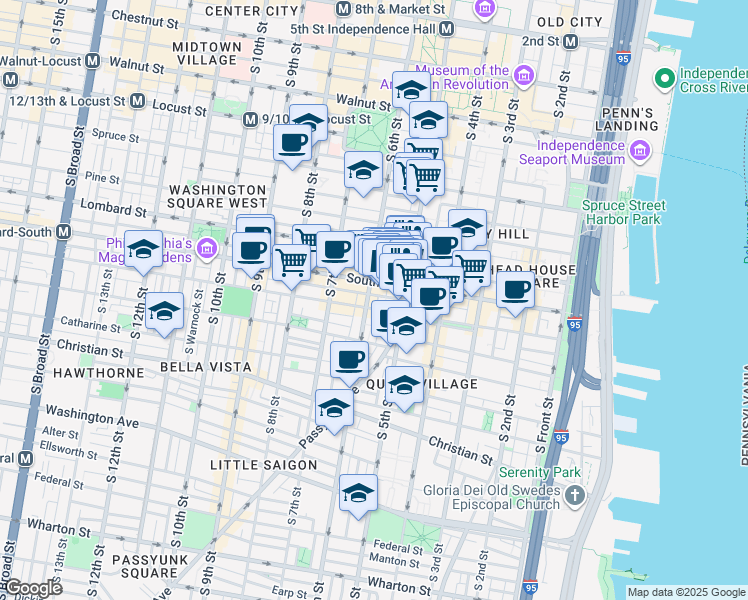 map of restaurants, bars, coffee shops, grocery stores, and more near 517 South Randolph Street in Philadelphia
