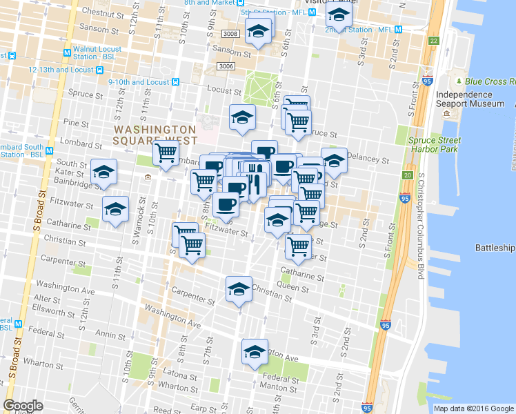 map of restaurants, bars, coffee shops, grocery stores, and more near 617 South Street in Philadelphia