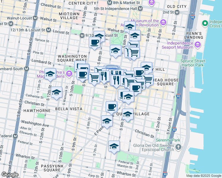 map of restaurants, bars, coffee shops, grocery stores, and more near 622 South Street in Philadelphia