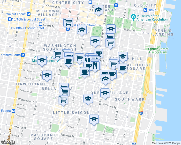 map of restaurants, bars, coffee shops, grocery stores, and more near 617 South Street in Philadelphia