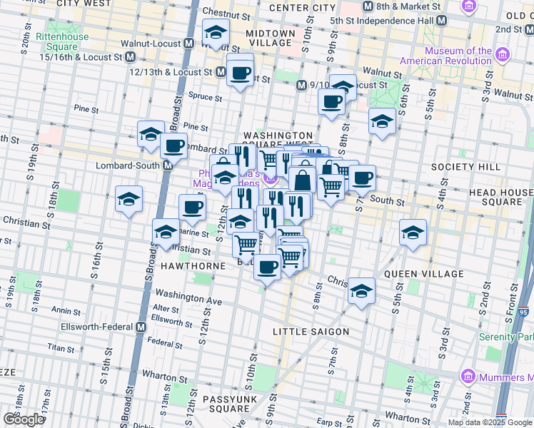 map of restaurants, bars, coffee shops, grocery stores, and more near 723 South Warnock Street in Philadelphia