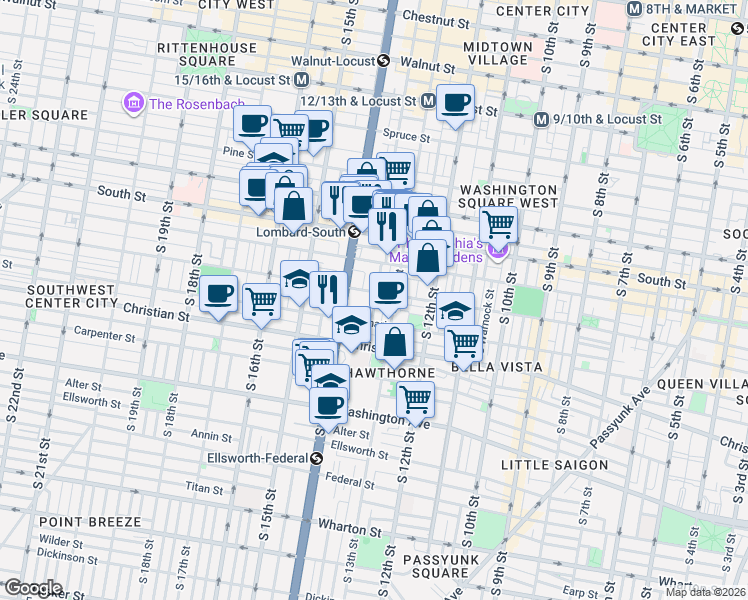map of restaurants, bars, coffee shops, grocery stores, and more near 1335 Fitzwater Street in Philadelphia