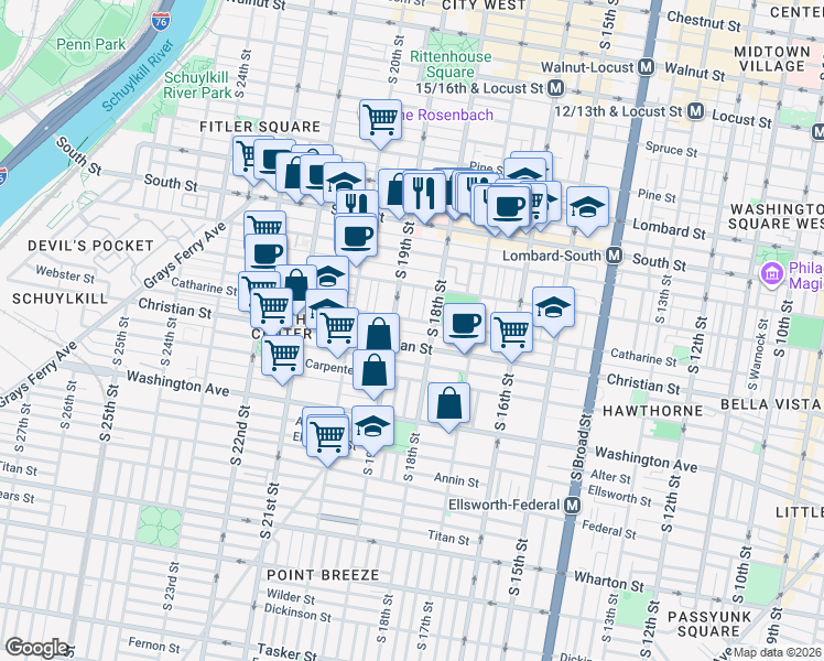 map of restaurants, bars, coffee shops, grocery stores, and more near in Philadelphia