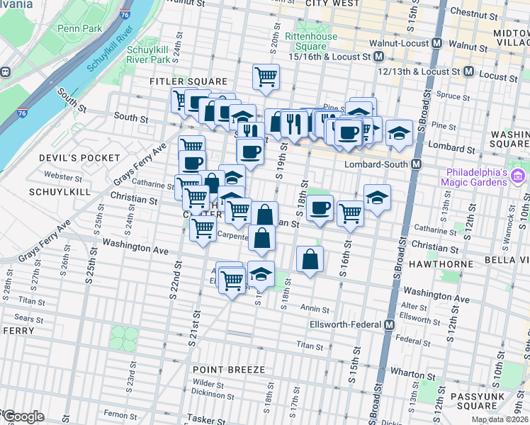map of restaurants, bars, coffee shops, grocery stores, and more near in Philadelphia