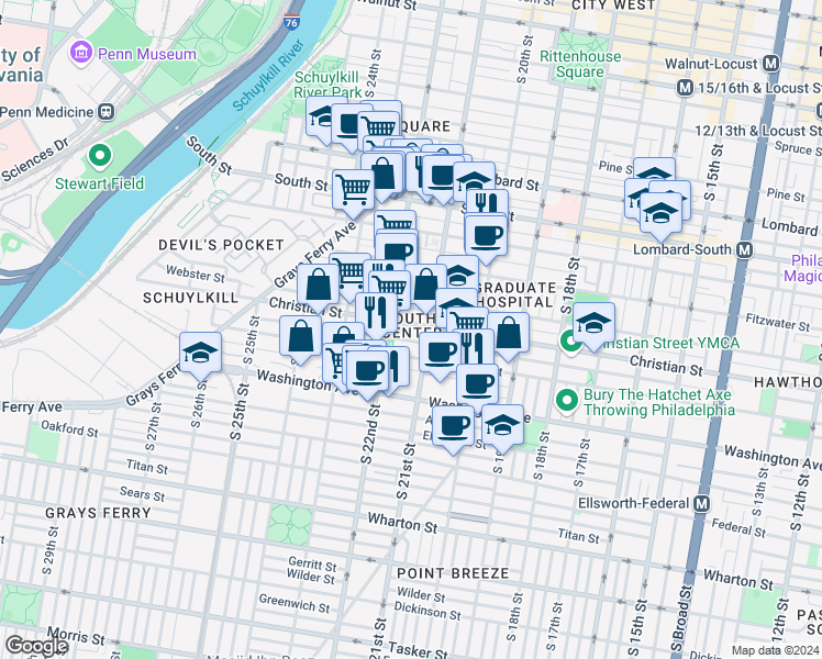 map of restaurants, bars, coffee shops, grocery stores, and more near in Philadelphia