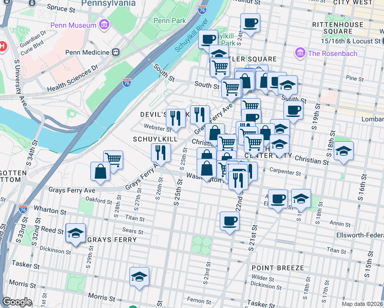 map of restaurants, bars, coffee shops, grocery stores, and more near 908 South 25th Street in Philadelphia