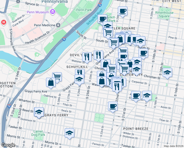 map of restaurants, bars, coffee shops, grocery stores, and more near 908 South 25th Street in Philadelphia