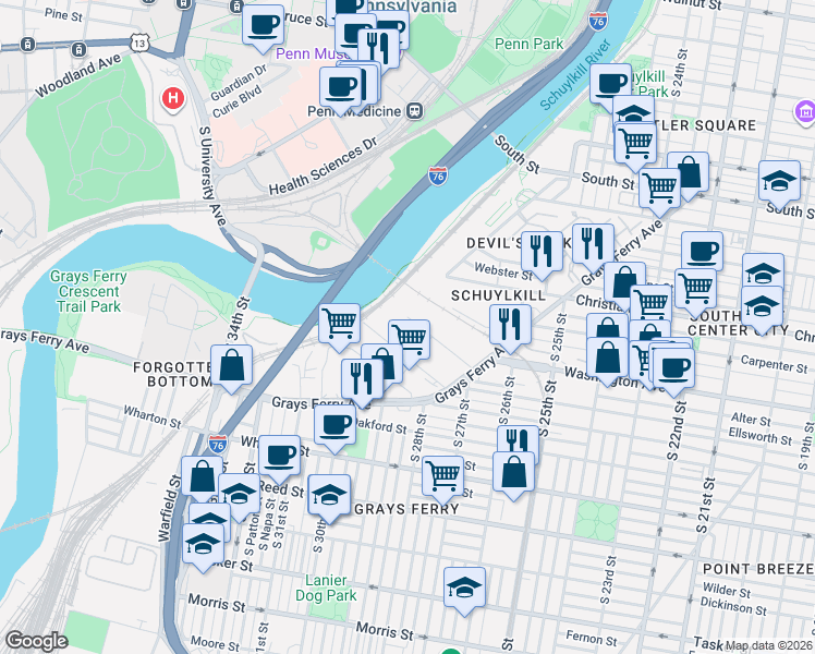 map of restaurants, bars, coffee shops, grocery stores, and more near 2999 Peltz St in Philadelphia