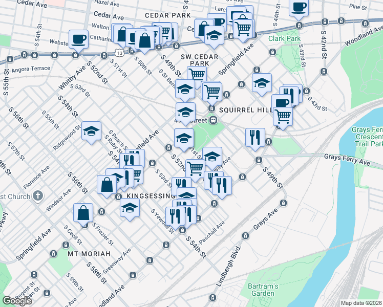 map of restaurants, bars, coffee shops, grocery stores, and more near 5024 Kingsessing Avenue in Philadelphia