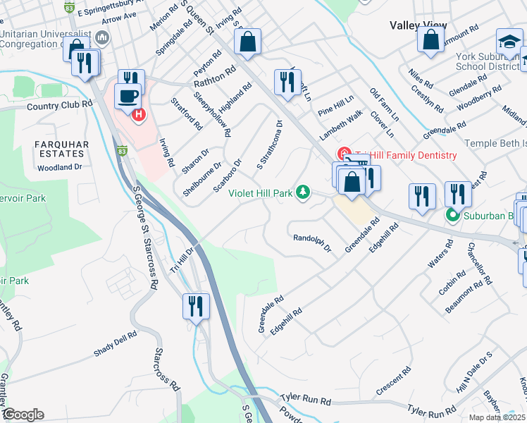 map of restaurants, bars, coffee shops, grocery stores, and more near 1616 Sleepyhollow Road in York