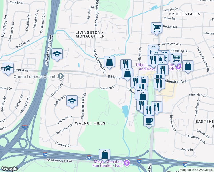 map of restaurants, bars, coffee shops, grocery stores, and more near 5961 East Livingston Avenue in Columbus