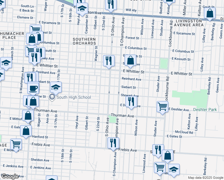 map of restaurants, bars, coffee shops, grocery stores, and more near 1133 South Champion Avenue in Columbus