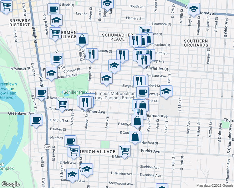 map of restaurants, bars, coffee shops, grocery stores, and more near 397 Zimpfer Street in Columbus