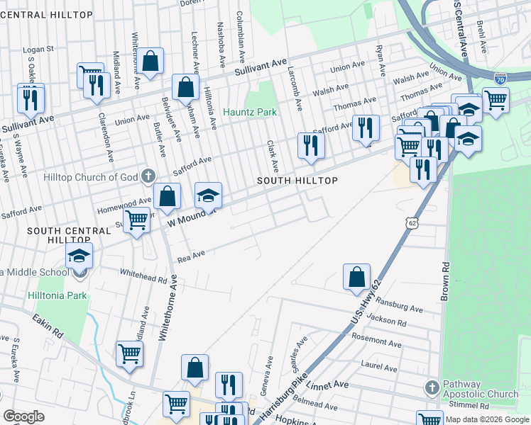 map of restaurants, bars, coffee shops, grocery stores, and more near 1933 West Mound Street in Columbus